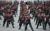 Ribuan prajurit TNI AD memperlihatkan ketangkasan beladiri tangan kosong.